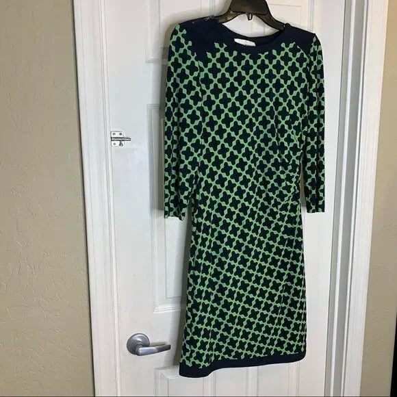 Donna Morgan Navy and Green Geometric Print Dress Size 6 - Picture 3 of 10